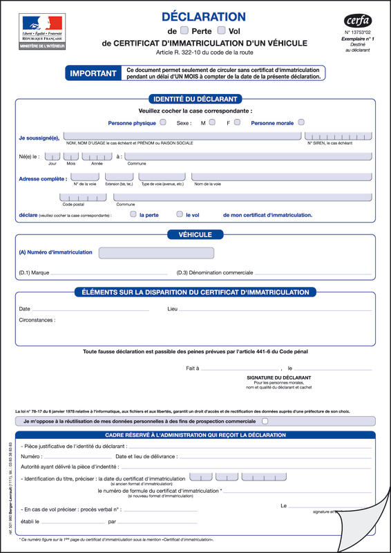 Déclaration de perte ou de vol de certificat d immatriculation carte