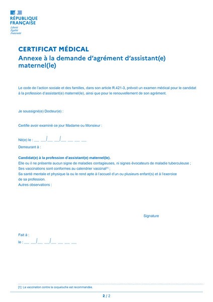 Annexe au cerfa 13394*05 Certificat médical de la Dde d'agrément  d'assistant(e) maternel(le) - Documents & Accessoires
